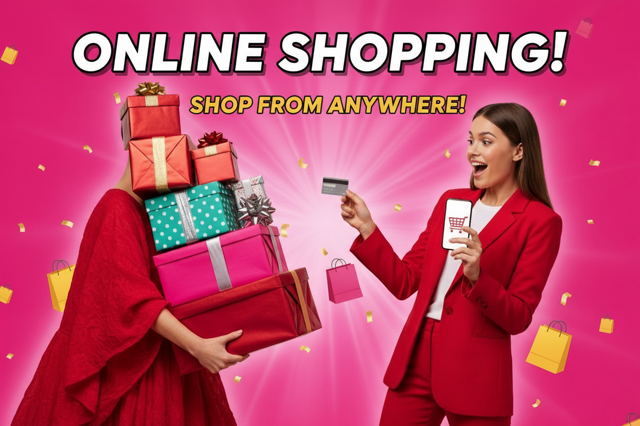 Here’s a clean, direct **image-to-prompt** description you can use to recreate or edit this thumbnail:

---

### **Prompt for the Image**

*A bold, vibrant YouTube thumbnail with a hot-pink background. Two people are partially visible, cropped at the shoulders and waist so only their torsos, arms, and the items they’re holding are shown. On the left, a person in a red dress holds a large stack of colorful gift boxes—red, teal with white dots, and pink—tied with ribbons. On the right, another person in a red